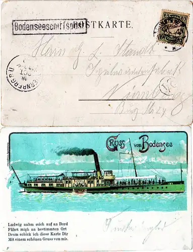 Bayern 1900, 5 Pf. auf Bodenseeschiffspost AK m. DR-Stpl. KONSTANZ