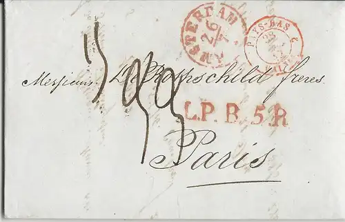 NL 1842, Porto Brief v. K1 Amsterdam m. roten Transitstempeln n. Frankreich 