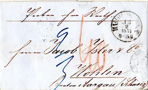 Hamburg 1857, K1 HAMBURG TH&T auf Porto Brief Muster ohne Wert in die Schweiz. 