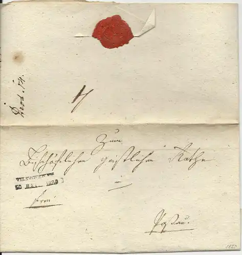 Bayern 1820, L2 Vilshofen R.4. auf gesiegeltem Franko Brief n. Passau.