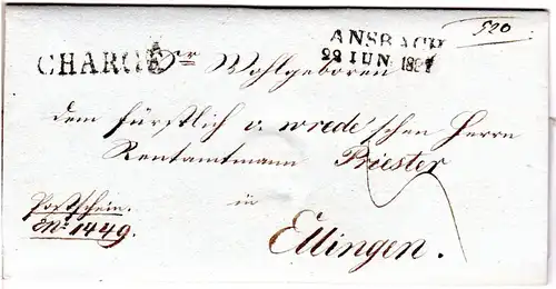 Bayern 1837, L2 ANSBACH auf Chargé Brief n. Württemberg m. interessantem Inhalt