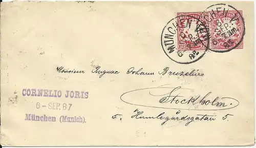 Bayern 1887, 10 Pf. Zusatzfr. auf 10 Pf. Ganzsache Brief v. München n. Schweden.