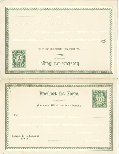 Norwegen P17, ungebr. 6 öre Doppel Ganzsache m. Variante "umgedr. 1. T-Ornament"