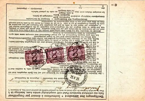 DR 1926, 50+rücks. 3x100 Pf. auf Wert Paketkarte v. Pforzheim n. Norwegen.