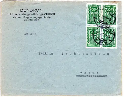 Österreich 1923, 4er-Block 400 K. auf Brief v. Innsbruck n. Liechtenstein.