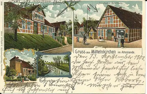 Gruss aus Mittelnkirchen, 1908 gebr. Litho AK m. Gasthaus u. Hotel