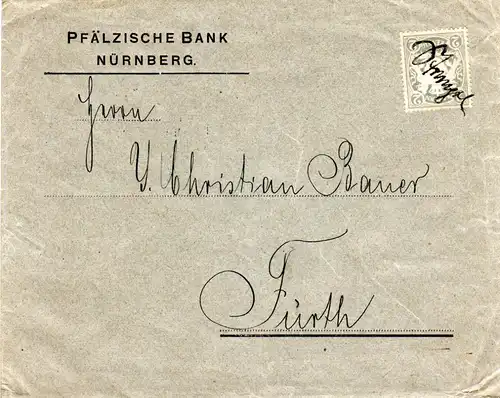 Bayern 1902, 2 Pf. auf Drucksache Brief m. hds. Entwertung v. Nürnberg n. Fürth