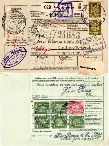 DR 1926, 8 Marken vorder- u. rücksetig auf Paketkarte v. Thalheim  n. Norwegen