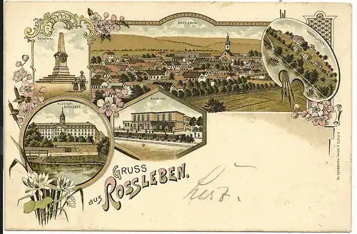 Gruss aus Rossleben, 1898 gebr. Litho AK m. Bahnhof u. Zug.