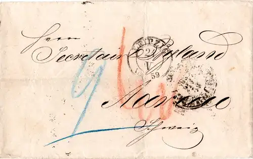 Sachsen 1859, K2 LEIPZIG auf Porto Brief via Taxis u. Baden Bahnpost i.d Schweiz