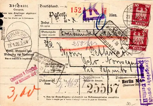 DR 1926, 2x30+rücks. 3x100 Pf. auf Wert Paketkarte v. Berlin n. Norwegen.