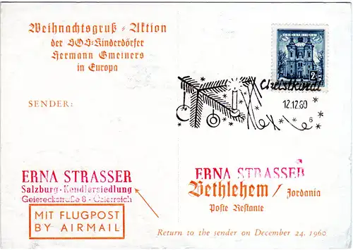 Österreich 1960, 2 S auf Weihnachten Karte v. CHRISTKINDL n. Bethlehem Jordanien