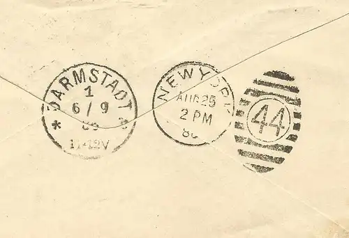DR 1886, Klaucke Nr.47 DARMSTADT rs. als Ank.Stpl. auf Brief v. Maysville, USA