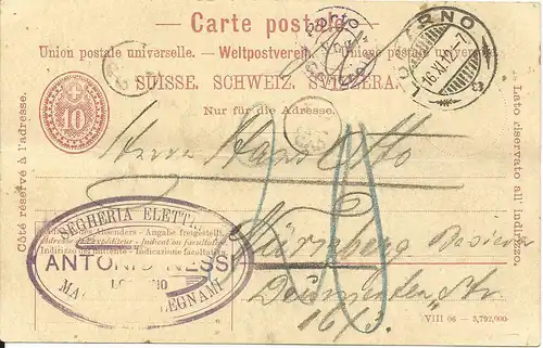 Schweiz 1912, Ganzsache v. LOCARNO m. Bayern Porto Kontrolle u. Nachporto
