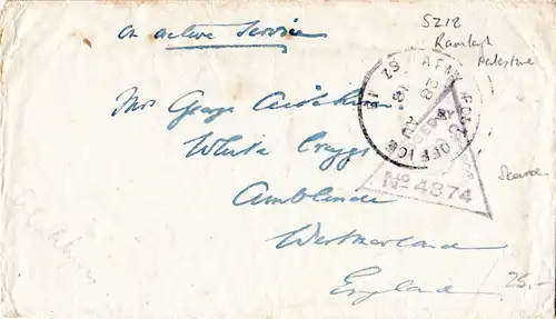 GB/Turkey/Palestine 1918, censored field post cover from APO SZ 15 Ramleh