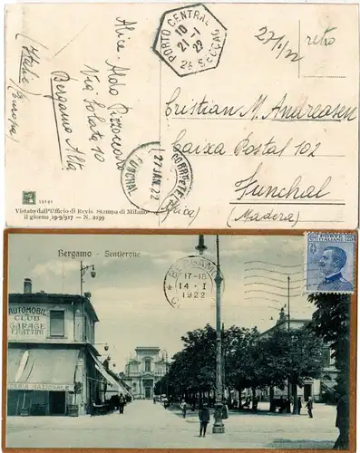 Italien 1922, 25 C. bilds. auf AK v. Bergamo n. Funchal Madeira. Destination!