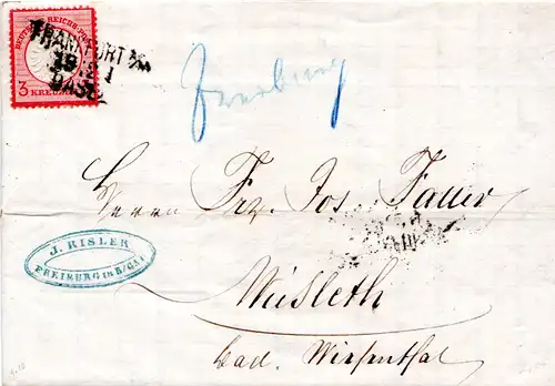 DR 1872, 3 Kr. auf Brief v. Freiburg m. Bahnpost L3 FRANKFURT BASEL