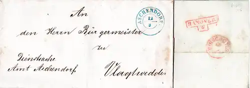 Hannover 1860, K2 ASCHENDORF auf portofreiem Brief n. Hardenberg, NL