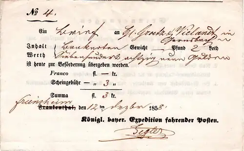 Bayern 1858, m. Freinsheim überschriebener Frankenthal Postschein f. Wertbrief