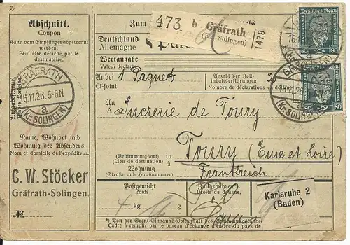 DR 1926, MeF 2x80 Pf. Stephan (Mi.240€) auf Paketkarte v. Gräfrath n Frankreich 