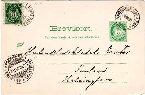 Norwegen 1905, 5 öre auf 5 öre Ganzsache v. K2 GAUSDALS HOIFJ.SANAT. n. Finnland
