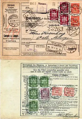 DR 1926, 12 Marken vorder- u. rücksetig auf Paketkarte v. VIERSEN n. Norwegen