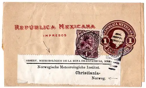 Mexico 1911, 1 C on 1 C. stationery wrapper to Norway from Observ. Meteorologico
