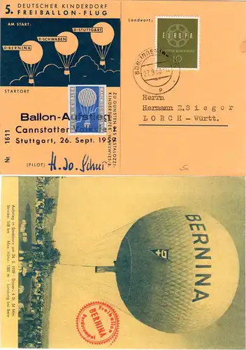 BRD 1959, 5. Dt. Kinderdorf Ballonpost Stuttgart-Böblingen m. Vignette