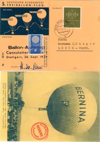 BRD 1959, 5. Dt. Kinderdorf Ballonpost Stuttgart-Böblingen m. Vignette
