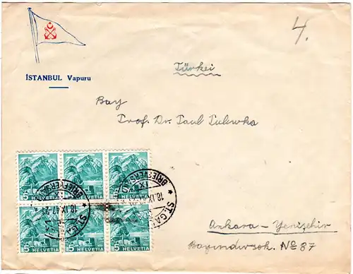 Schweiz 1947, 6er-Block 5 C. auf Vordruck Brief v. St. Gallen i.d. Türkei