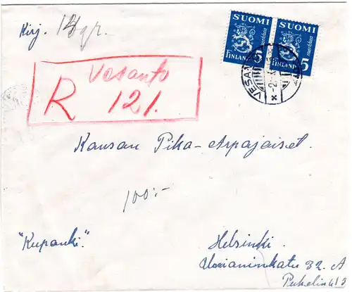 Finnland 1945, VESANTO, provisorischer Reko Vermerk auf Brief m. Paar 5 M.