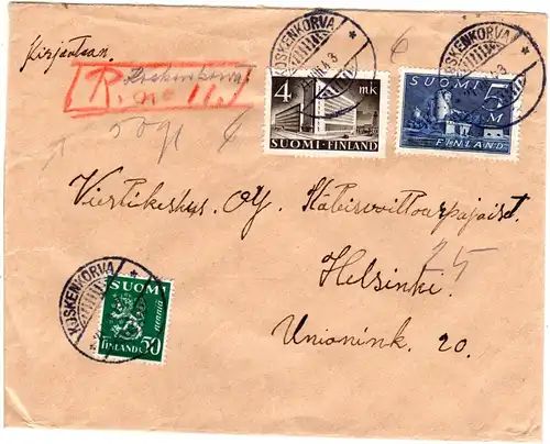 Finnland 1943, KOSKENKORVA, provisorischer Reko Vermerk auf Brief m. 3 Marken.