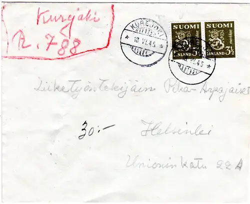 Finnland 1945, KUREJOKI, provisorischer Reko Vermerk auf Brief m. Paar 3 1/2 M.