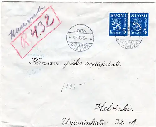 Finnland 1945, KAUNELA, provisorischer Reko Vermerk auf Brief m. Paar 5 M.