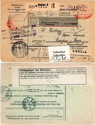 DR 1930, GUBEN Gebühr bezahlt in rot auf Paketkarte n. Finnland m. rs. Aufkleber