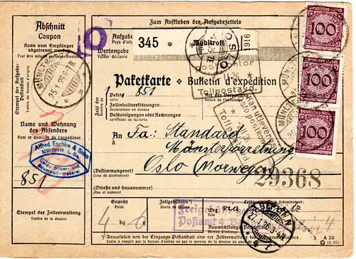 DR 1926, MeF 3x100 Pf. auf Paketkarte v. Mühltroff n. Norwegen.