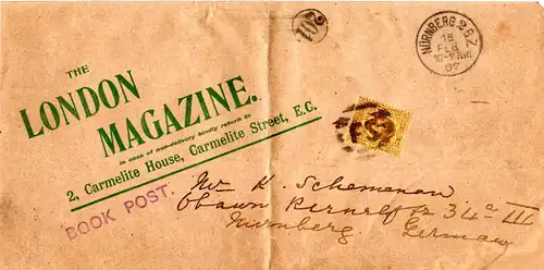 GB 1907, 3d on BOOK POST wrapper (heavy weight) to Bavaria. The London Magazine