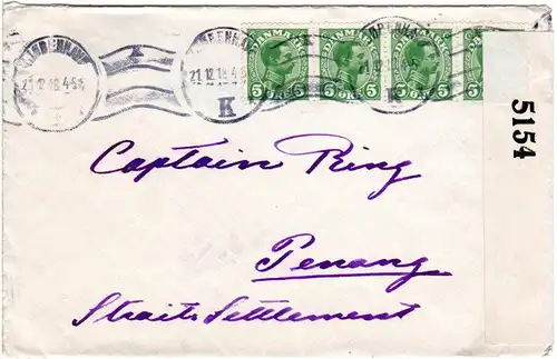Dänemark 1918, 4er-Streifen 5 öre auf Zensur Brief n. Penang Straits Settlements