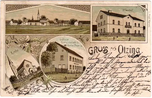 Gruss aus OTZING m. Gastwirtschaft u. Pfarrhof, attraktive 1905 gebr. Litho-AK