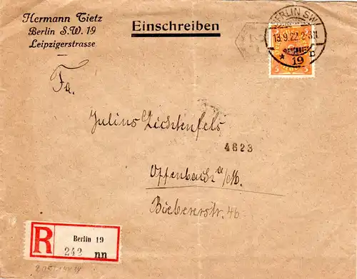 DR 1922, Custos Maschinenstempel auf Einschreiben Brief v. Berlin.