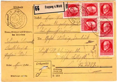 Bayern 1918, Posthilfstelle KARLSBACH Taxe Waldkirchen auf Paketkte m. MeF 10 Pf