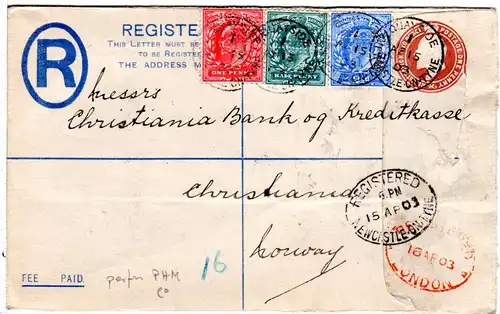 GB 1903, 3 stamps with perfins on 1d registered stationery envelope to Norway