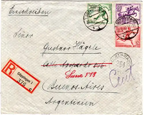 DR 1936, 6+12+40Pf. Olympiade auf Einschreiben Brief v. Göppingen n. Argentinien