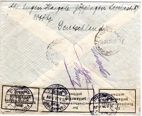DR 1936, 6+12+40Pf. Olympiade auf Einschreiben Brief v. Göppingen n. Argentinien