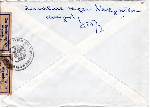 BRD 1959, Brief m. zur Ermittlung des Absenders geöffnet Etikett d. OPD HAMBURG