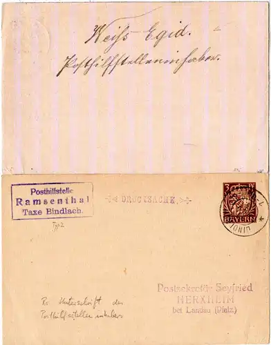 Bayern 1915, Posthilfstelle RAMSENTHAL Taxe Bindlach auf 3 Pf. Ganzsache
