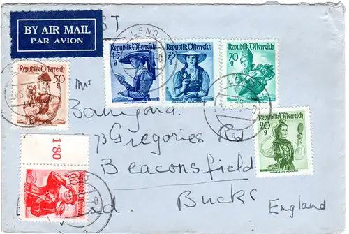 Österreich 1949, 6 Trachten Marken auf Luftpost Brief v. LEND n. GB