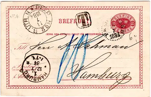 Schweden 1884, 6 öre Ganzsache m. "T" u. Hamburg Porto 10 Pfg.