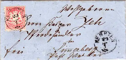 Bayern 1874, Zier-K1 KEMPTEN Typ 2 klar auf schönem Brief m. 3 Kr. Geprüft.