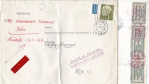 BRD 1955, postamtlich geöffneter Retour Brief m. OPD Etiketten v. Köln.